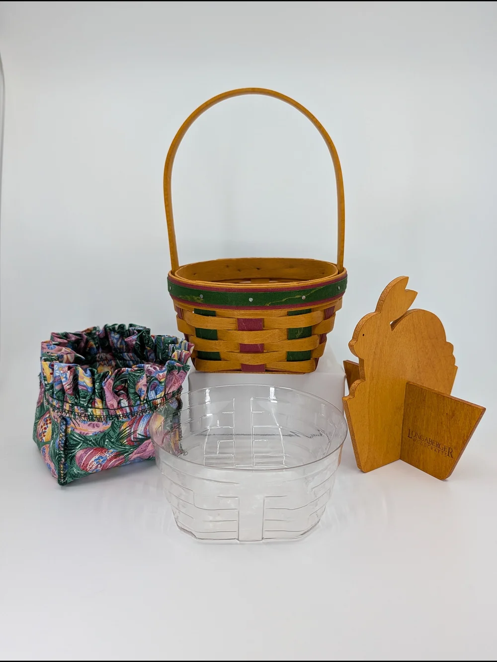 Longaberger 1999 Easter Basket, Egg Liner, Protector, Wood Bunny Pink & Green